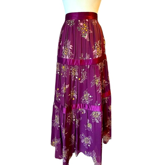 Marc Jacobs Silk Floral Ribbon Tiered Bohemian Midi Skirt Maroon Wine Size 12 - Picture 3 of 11